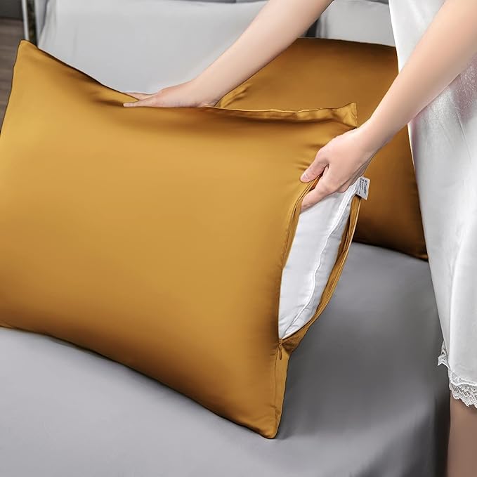 Mulberry Silk Pillowcase for Hair and Skin,King Size Cooling Silk Pillow Case with Hidden Zipper,Allergen Proof Dual Sides Soft Breathable Smooth Silk Pillow Cover for Women(King,Golden)