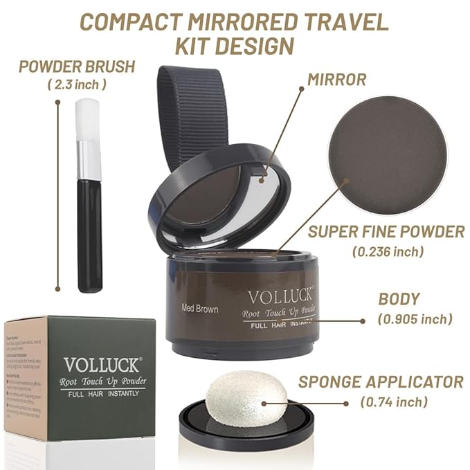 VOLLUCK Root Touch up Powder, Instant Hairline Powder for Thinning Areas and Gray Hair Coverage, Natural and Non-greasy Root Cover up for Women and Men (Medium Brown, 0.14 Ounce)