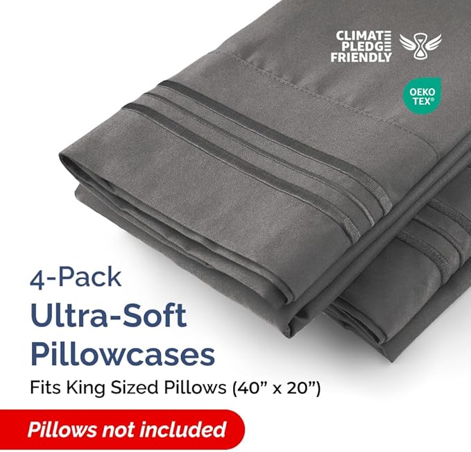 King Pillow Cases Set of 4 - Ultra Soft Hotel Quality Pillowcase Covers - Comfy, Cozy & Wrinkle Free - Shrinkage, Stain and Fade Resistant - Machine Washable Pillow Protectors - 4 Piece Set - Charcoal