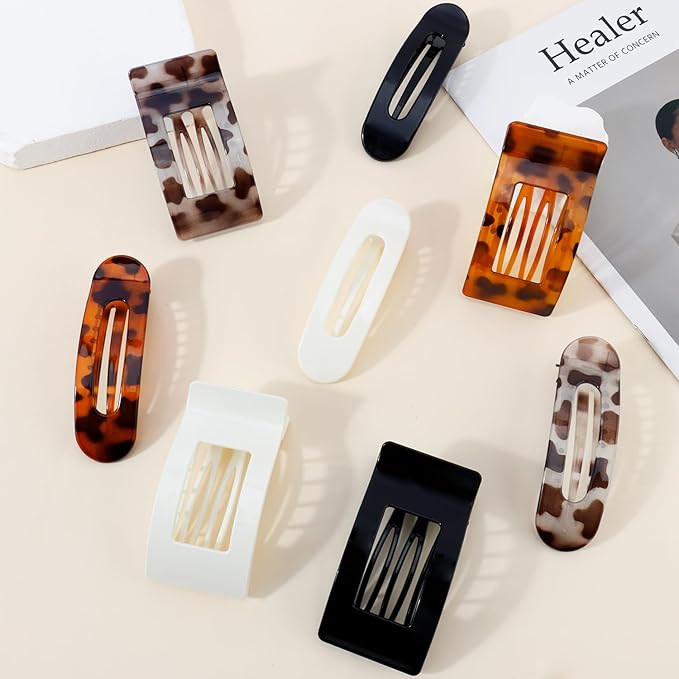 Velscrun Flat Hair Clips for Women Girls, 2 Styles 8 Pcs Lay Flat Claw Clips, Strong Hold French Duck Billed Large Side Hair Jaw Clip for All Hair Types, Fashion Trendy Hair Accessories Tortoise