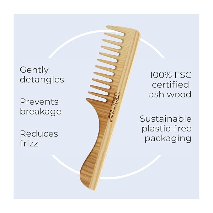 TEK – Allure Award-Winning Wide Tooth Wooden Comb with Natural Ash Wood Handle, Handmade in Italy – Ideal for Gently Detangling Normal, Curly, or Wavy Hair Without Breakage – 20 x 4.5 cm