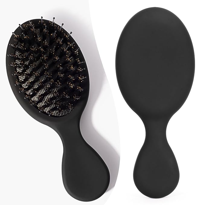 Mini Boar Bristle Hair Brush - Boar & Nylon Bristle Small Brush for Women Kids Long Short Hair to Smooth Add Shine - Travel Size Hair Brush for Purse,Pocket, Black