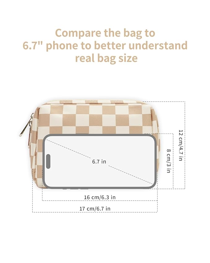 Narwey Small Checkered Makeup Bag for Purse Mini Cosmetic Bag Travel Makeup Pouch Zipper Pouch Cute Make up Bags with Compartments for Women Girls (Light Checkerboard, Small)