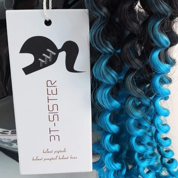 Helmet Pigtails Gradient Ramp Helmet Curly Ponytail Helmet Hair with Suction Cup for Motor Bike 2PCS Ombre Black to Deep Blue (Helmet not Included)