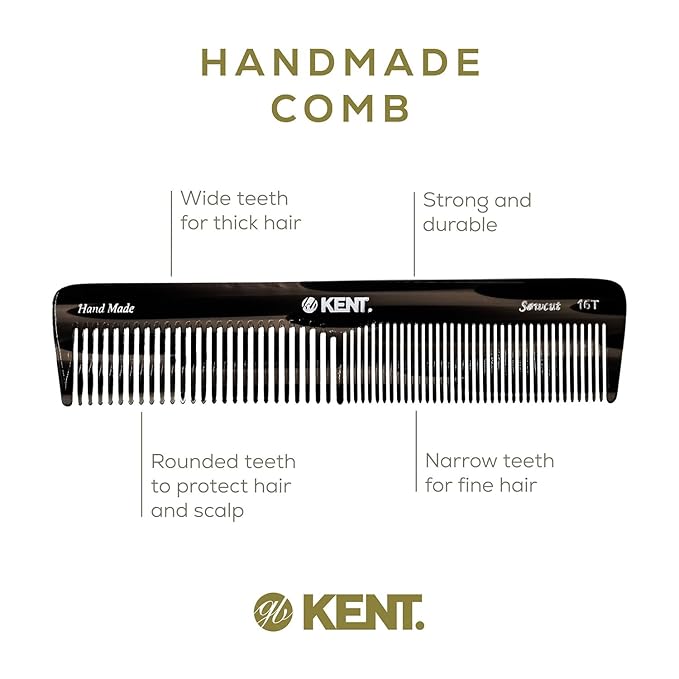 Kent 16T G Black Graphite Fine and Wide Tooth for Daily Grooming, Handmade Styling Comb for All Hair Types, Wet or Dry Hair Detangling Comb for Men and Women, Saw Cut Hand Polished, Made in England