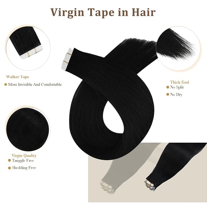Full Shine 18Inch Black Virgin Tape in Hair Extensions Remy Tape in Human Hair Extensions Color 1 Black 25 Gram Seamless Unprocessed Skin Weft 10Pcs for Women