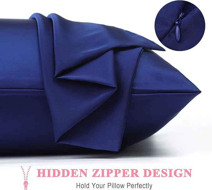 100% Pure Silk Pillowcase 2 Pack for Hair and Skin, Both Sides 23 Momme Grade 6A+ Mulberry Silk Pillowcases with Hidden Zipper, Soft&Smooth Cooling Pillow Cases (Navy Blue, King 20x36)