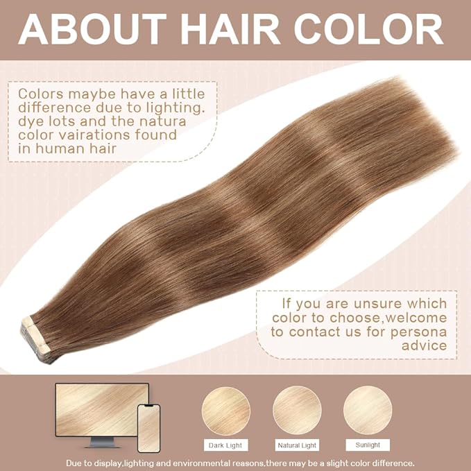 Tape in Hair Extensions Human Hair 16 Inch 20pcs Invisible Tape ins Hair Extensions Real Human Hair Chocolate Brown to Caramel Blonde Remy Seamless Injected Tape Extensions