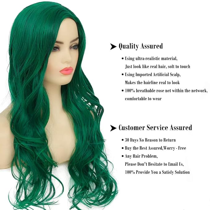 Baruisi Long Curly Wavy Green Wigs for Women Side Part Natural Looking Cosplay Synthetic Fiber Wig Heat Resistant Replacement Wig