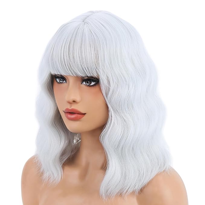 BERON 14 Inches Silver White Wig with Bangs for Women Short Curly Synthetic Wig Hairnet Included