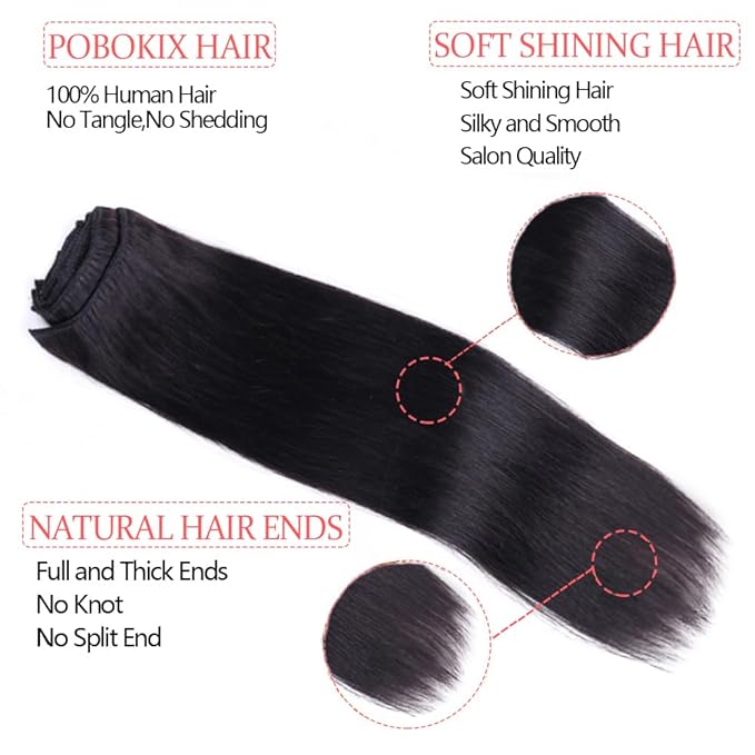 Straight Clip in Hair Extensions Real Human Hair 8Pcs Remy Human Hair Clip ins for Women, Natural Soft Silk Straight Human Hair 120g 24inch #1B Natural Black