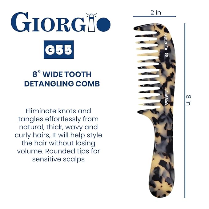Giorgio G55 Wide Tooth Detangling Comb for Wet Hair, Handmade Large Tooth Rake Comb for Women with Thin to Medium Thickness Hair (8")