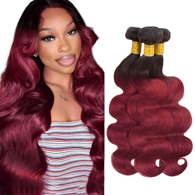 Burgundy Bundles Human Hair Ombre Red Body Wave Bundles 22 24 26 Inch Niegmeag Virgin Remy Hair Extensions Double Weft 1B99J Body Wave Bundle 150g