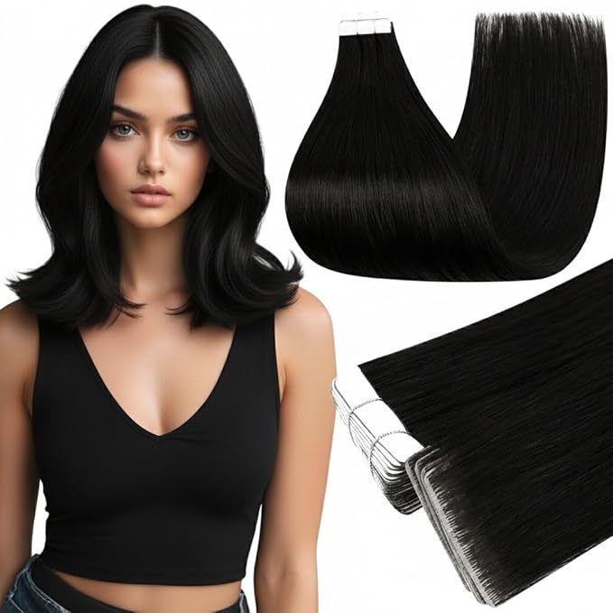 Full Shine Machine Remy Tape in Extensions 14 Inch Color 1B Natural Black Invisible Injection Tape in Hair Extensions Human Hair Double Sided Seamless Skin Weft 40 Grams 20Pcs Add Volume for Party