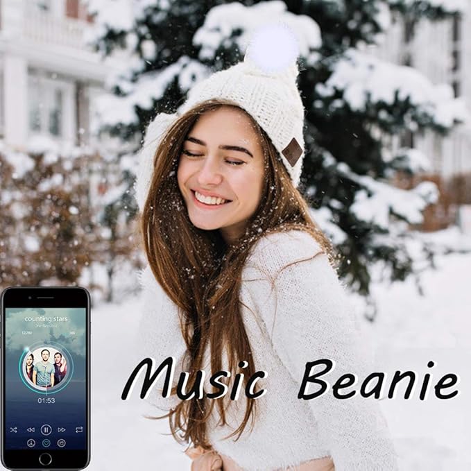 Wireless Music Beanie Women Beanie Girls Hat Over Ear Headset Sports Stereo Headphone with Microphone Speaker Womens Beanie Cap Snow White