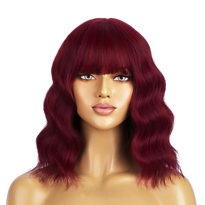 BERON 14 Inches Red Wig Short Curly Wigs Wine Red Wigs with Bangs for Women Synthetic Wig with Hairnet
