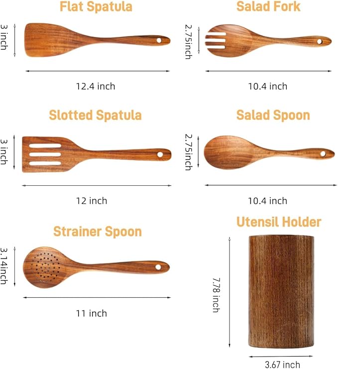 6 PCS Wooden Spoons for Cooking - Teak Wooden Cooking Utensils Set with Holder - Non-Stick, Soft Grip, Ergonomic Design - Natural Finish