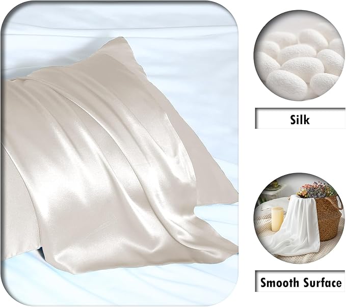 Silk Pillow Cases 2 Pack Soft Breathable and Sliky Queen Size Pillow Cases Set of 2,Natural Mulberry Satin Silk Pillowcase with Hidden Zipper for Hair and Skin (Beige,20"X 30",2pcs)