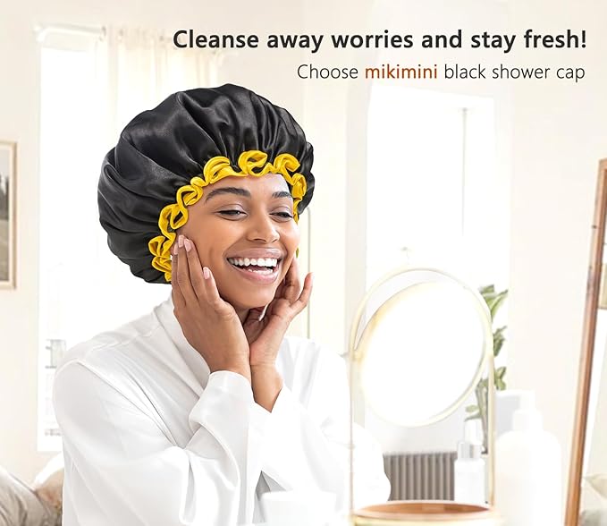 mikimini Black Shower Cap for Women, Men & Girls 1 Pack Reusable Double Layers Waterproof Bathing Shower Hat with Soft Comfortable PEVA Lining, non-fading, Stretchy Shower Cap