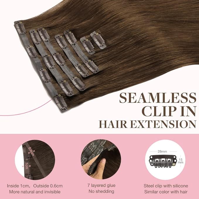 GOO GOO Clip in Hair Extensions Real Human Hair, Remy Human Hair Extensions Clip ins for Women, Natural Human Hair, 22inch 110g 7Pcs, 4A Chocolate Brown