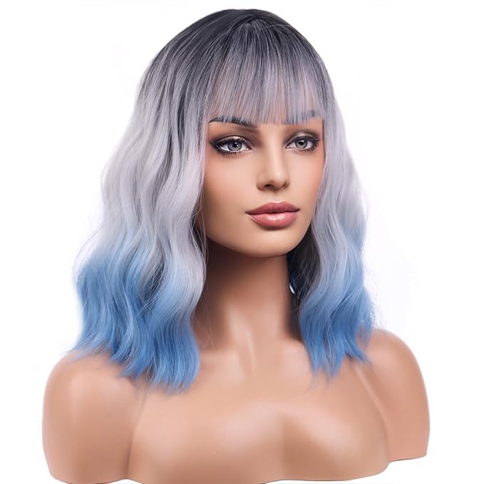 BERON 14 Inches Blue Wig with Bangs Short Bob Curly Wigs Silver Blue Wigs for Women Girls