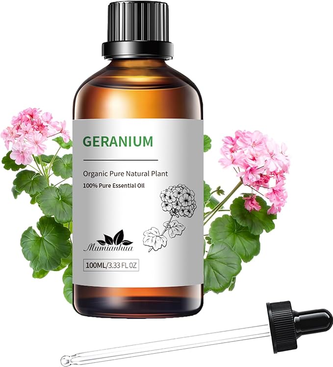 Pure Geranium Essential Oil, Mumianhua Natural Floral Oil for Bedroom Serenity & Garden Freshness, Aromatherapy for Evening Relaxation, Outdoor Ambiance, Reed Diffuser, Skin & Hair Care, 3.38 Fl Oz