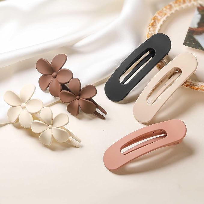 5 PCS Flat Hair Clips, Medium Lay Flat Claw Clips for Women Girls, 2 Styles Stylish Matte Non-slip Hair Claws for Thick Thin Hair(Brown&White)