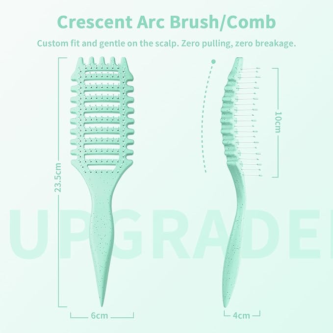 Curl Defining Brush, 4-in-1 Curly Hair Brush – Flexible Styling Brushes for Women and Men, Curls Detangling Hairbrush Featuring a Crescent Shape and Ultra-Smooth Bristles for Wet & Dry Hair - Green