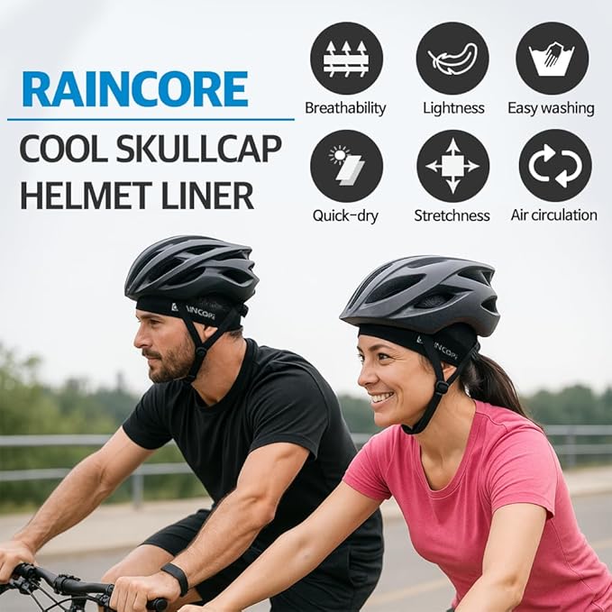 RAINCORE Skull Cap Inner Helmet Liner (with Pouch), Carabiner Clip - Breathable Mesh - Lightweight - Quick Dry - Cycling- Running - Motorcycle - Workout - for Men and Women Cap Black