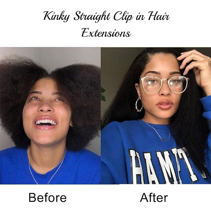 Kinky Straight Clip in Hair Extensions Real Human Hair Clip ins Natural Black Double Weft Clip ins for Women 12 Inch 120g 8pcs Kinky Straight Clip on Extensions Human Hair