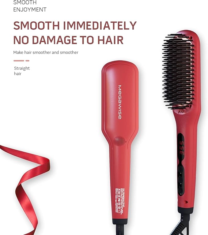 Updated Megawise Pro Ceramic Ionic Hair Straightener Brush – Fast 20s Heating, Auto-Off, Anti-Scald, Dual Voltage, Rotatable Power Cord – Home Salon Styling (Tomato Red)
