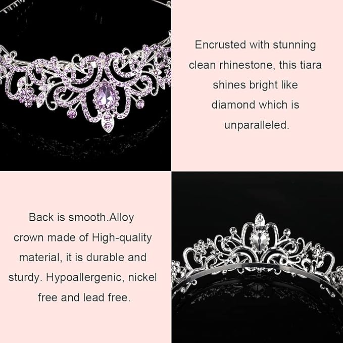 Didder Silver Tiaras and Crowns for Women - Light Purple Crystal Princess Headbands for Bridal, Wedding, Prom, Birthday Parties