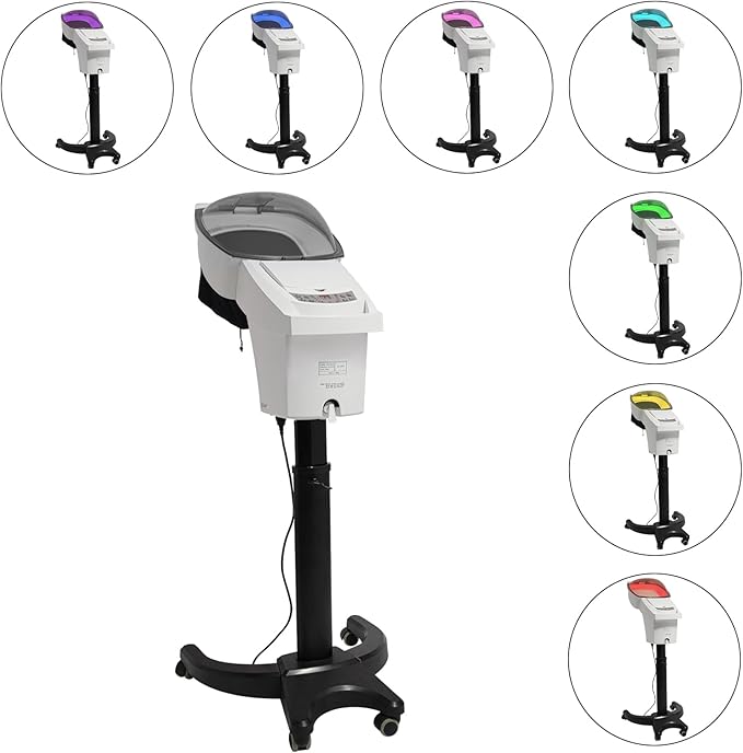 Standing Hair Steamer, 7 Color Hooded Micro Ozone Hair Care Machine Adjustable Height & Wheels with Intelligent Operation Panel for Oiling/Coloring/Conditioning/Perming (White)