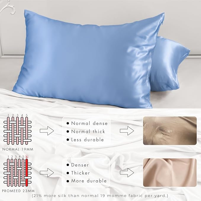 PROMEED 23 Momme Silk Toddler Pillowcase 2 Pack with Free Laundry Bag, Natural Highest Grade 6A+ 100% Mulberry Silk Pillow Case Set of 2, Zipper (Toddler/Travel 13"x18", Light Blue)
