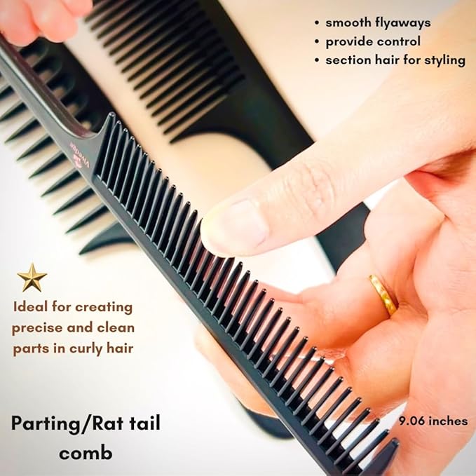 VIVEDGE| Curly Hair Comb Set Gift set | Carbon Fiber Detangler Wide Tooth Parting Combs anti static frizz-free with Premium Acccessories for Styling | Gift for loved ones (Black-Pink)