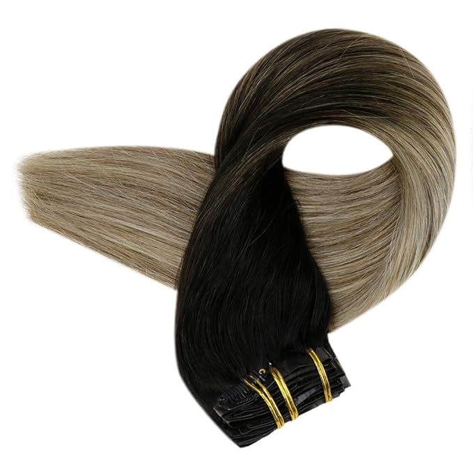 Full Shine Clip in Human Hair Extensions 20 Inch Black with Light Brown Highlights Blonde Seamless Clip ins for Women PU Weft Remy Hair Thick Ends 8 PCS 120G