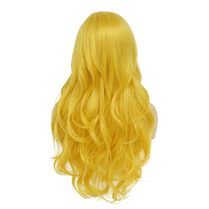 Baruisi Long Curly Wavy Yellow Wigs for Women Side Part Natural Looking Cosplay Synthetic Fiber Wig Heat Resistant Replacement Wig