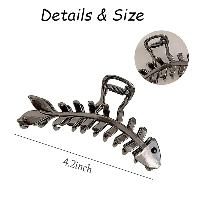 Black Metal Fishbone Hair Clip, 1Pcs - Big Fish Shaped Hair Claw Clips for Women and Girls, Secure Hair Styling and Accessories