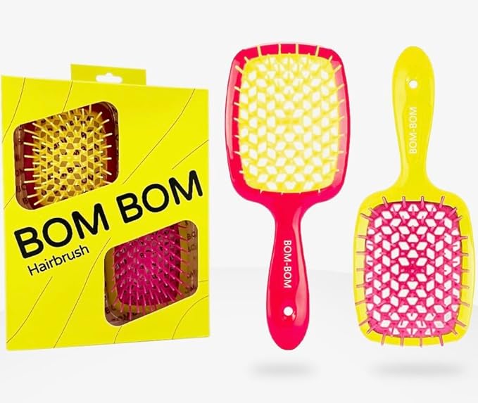 BOM BOM 2 Unit Kit, Wet And Dry Vented Detangling Hair Brush For All Hair Types, Light Weight Hairbrush, Scalp Massage Brush (magenta yellow)