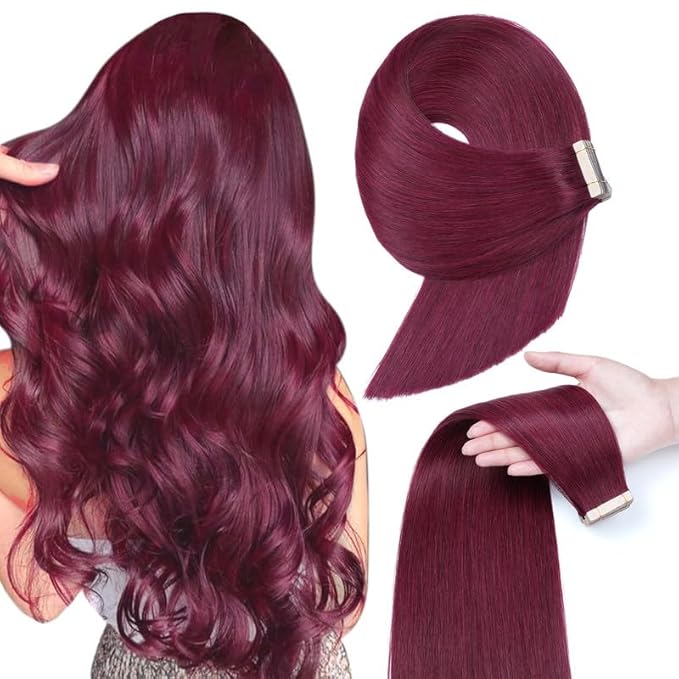 20 Inch Tape in Hair Extensions Human Hair Burgundy Wine Red 99J Invisible Tape in Hair Extensions Double Sided Seamless Skin Weft Hair (#A99J,20 Inch)