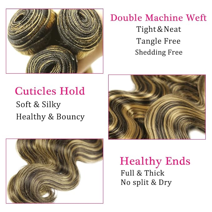 1B/27 Human Hair Bundles Blonde Body Wave Bundle Niegmeag Virgin Remy Hair 3 Bundles 20 20 20 Inch 2 Tone Black and Honey Blonde Bundle Double Weft Hair Weave
