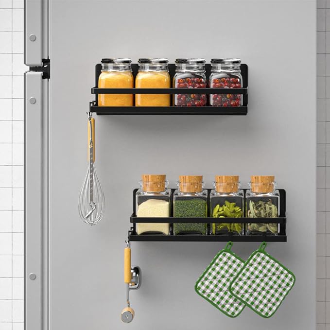Magnetic Spice Rack Refrigerator Magnetic Shelf Fridge Organizer Space Saver Container for Kitchen/Apartment, Drill free, Black 4 Packs