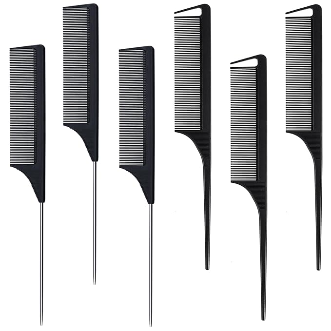 MODENGKONGJIAN 6 Packs Hair Rat Tail Combs Parting Rattail Combs Carbon Fiber Heat Resistant Teasing Combs with Stainless Steel Pintail for Women,Girls