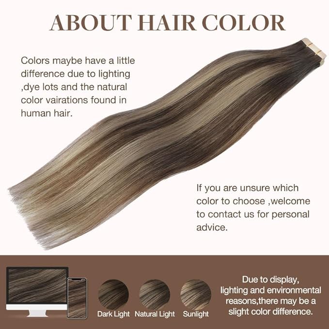 GOO GOO Tape in Hair Extensions Human Hair, 4/26/4 Balayage Chocolate Brown to Honey Blonde, 22inch 100g 40pcs, Skin Weft Seamless Invisible, Silky Straight with Thick Ends, Remy Human Hair