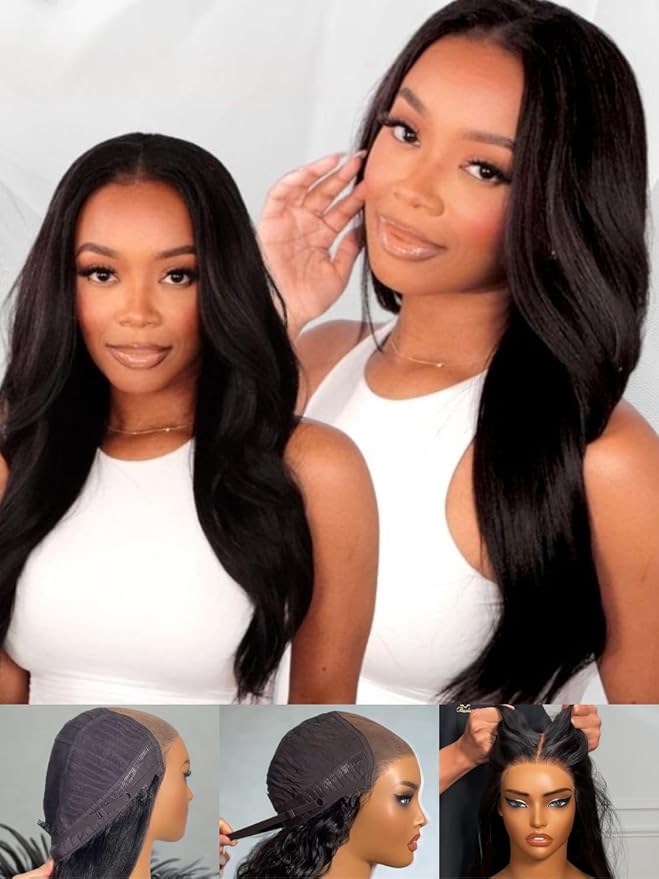 YIROO No Slip 7x5 Bye Bye Knots Yaki Straight Lace Front Glueless Drawstring Wig Human Hair with Deep Stretch Cap Fits All Head Sizes,Pre-Plucked Pre-Cut Wear and Go Wig for Women 150% Density 16Inch