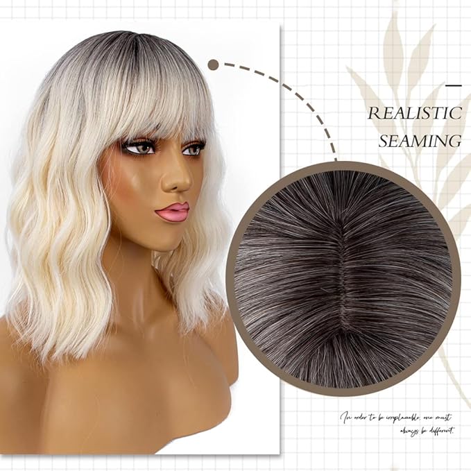 Short Bob Wigs with Bangs for Women Loose Wavy Wig Curly Wavy Shoulder Length Bob Synthetic Cosplay Wig for Girl Colorful Costume Wigs (Light Blonde Ombre)