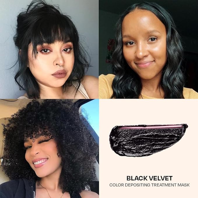 Four women with different hair styles and a Black Velvet color depositing treatment mask.