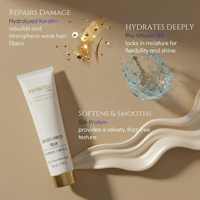Pro-tector Keratin Complex Cream, Silk Protein + Pro Vitamin B5, Leave-In Smoothing & Repair Treatment for Dry, Frizzy or Damaged Hair, Professional Anti-Frizz Shine, 110 mL / 3.9 fl oz
