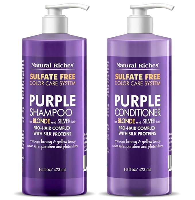 Natural Riches Purple Shampoo and Conditioner Set for Blonde, Silver & Grey Hair – Sulfate-Free, Color-Safe, Removes Brassy & Yellow Tones for Natural, Highlighted, and Bleached Hair – 16x2 fl oz