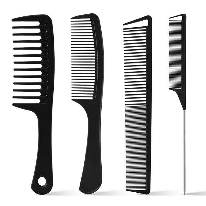 4PCS Combs for Women and Men, Professional Comb Set for Braiding Cutting Barber Styling Curly Parting, Wide Tooth Rat Tail Fine Tooth Hair Combs Kit for All Hair Types